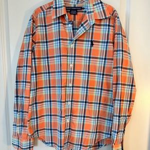 Ralph Lauren Sport Orange, Blue & Green Plaid Preppy Button Up, size 10